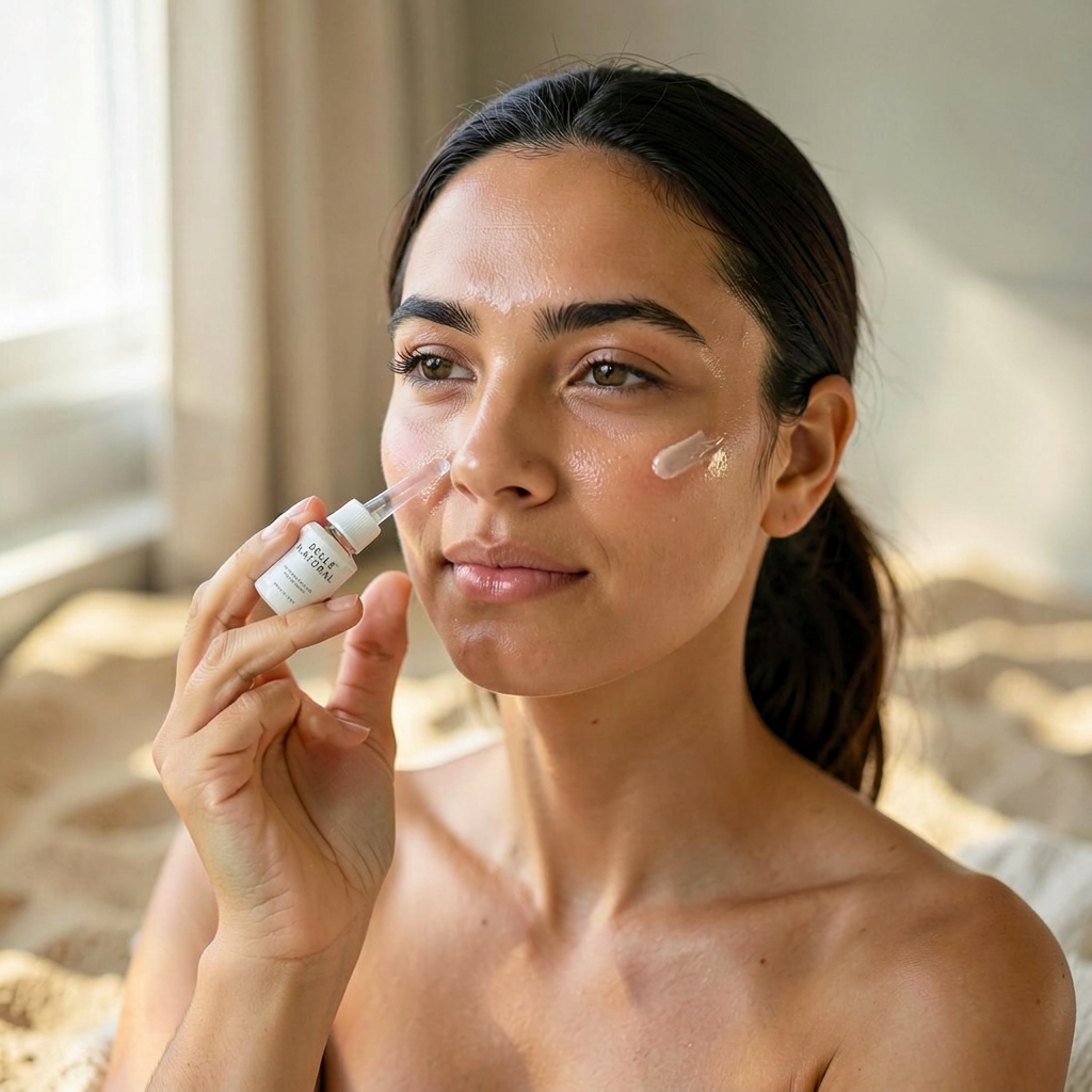 Cliente aplicando o sérum de vitamina C Belle Natural no rosto